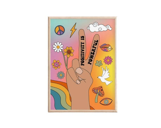 Positivity Is Powerful Print, Retro Art Groovy Floral, 1970s 1960s, Gifts For Her Teen Girl Bedroom Decor, Poster Prints No Frame, Dorm Room Decor, Wall Posters, Gifts For Birthday Christmas