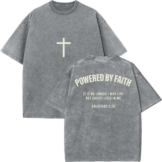 Powered By Faith Unisex Washed T-Shirt, Christian Tshirts, Vintage 90s Graphic Tee, Gift Top Womenswear Cotton Mineral Color