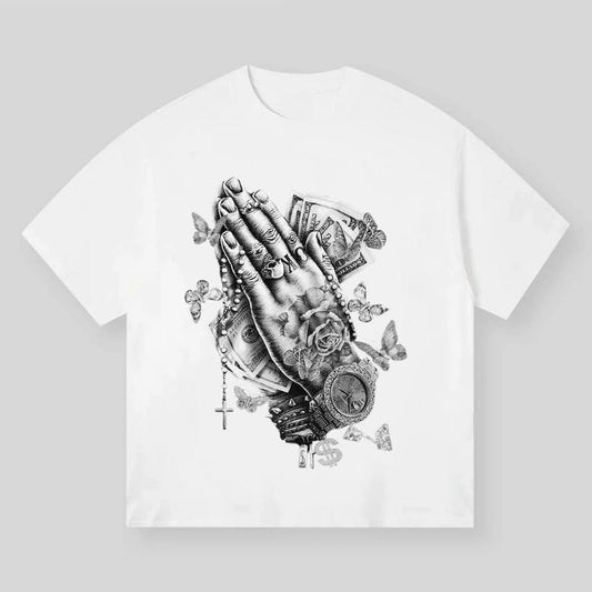 Praying Hands Pencil Sketch Print T-shirt, Vintage Graphic Tee, Y2k Clothing, Unisex Cotton Crewneck T-Shirt - Medium, Short Sleeve, Casual Streetwear Printed Tee