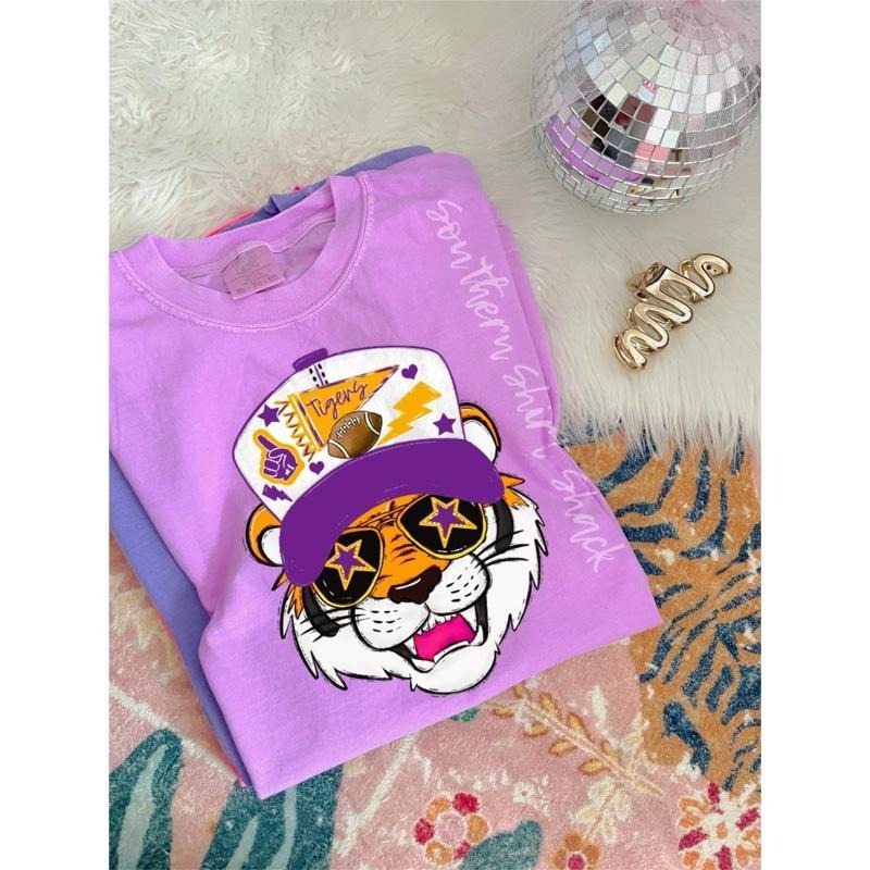 Preppy Purple and Gold Tiger Mascot Graphic Tee  | Neon Violet comfort colors t shirt | tigers purple t shirt