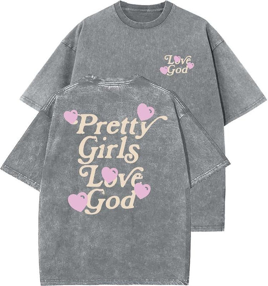 Pretty Girls Love God Unisex Washed T-Shirt, Christian t shirts, Vintage 90s Graphic Tee, Gift Top Womenswear Cotton Mineral Color