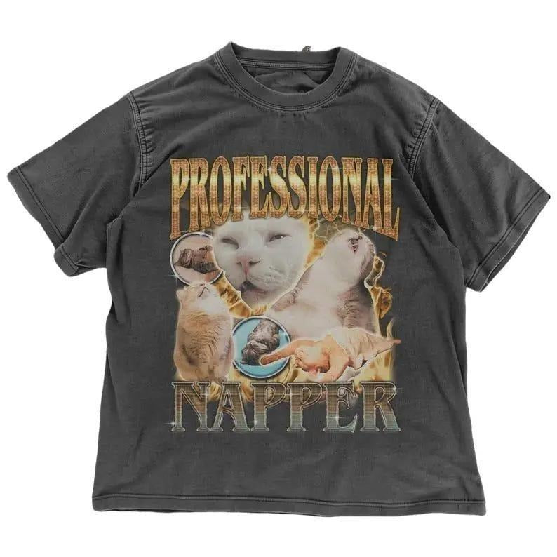 Professional Napper Cat Meme T-Shirt | Funny Cat Lover Gift | Vintage Style Sleeping Cat 90s Graphic Tee | Humorous Cat Gift Shortsleeve Tshirt Cotton
