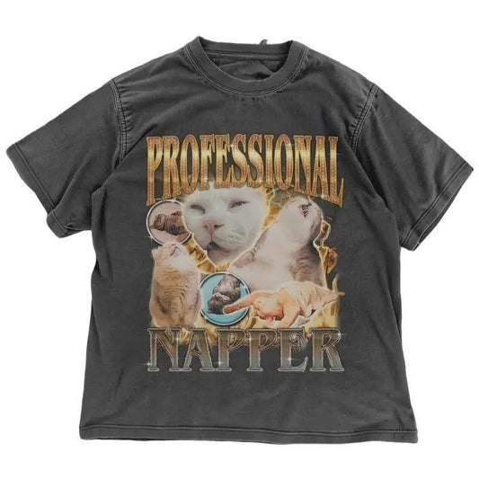 Professional Napper Cat Meme T-Shirt | Funny Cat Lover Gift | Vintage Style Sleeping Cat 90s Graphic Tee | Humorous Cat Gift Shortsleeve Tshirt Cotton