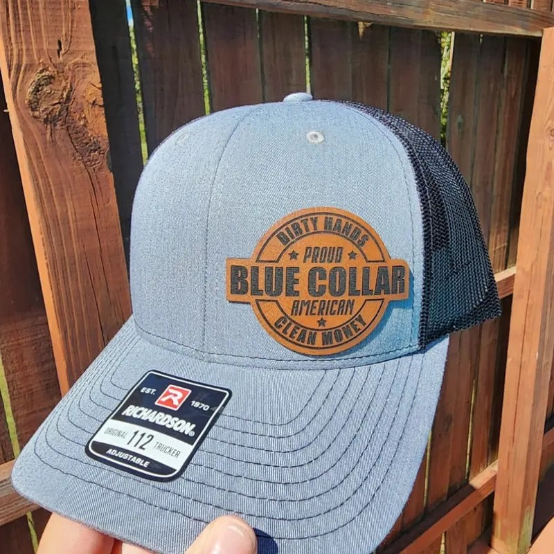 Proud American Blue Collar Richardson 112 Mesh adjustable trucker hat with Leather Patch | Heat activated Hydbond