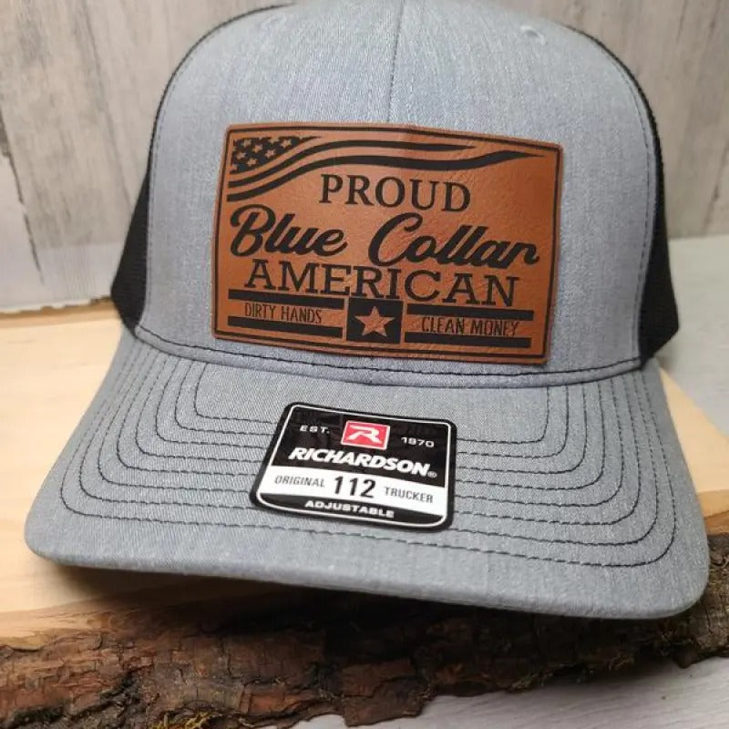 Proud Blue Collar American Hat Richardson 112 Leather Patch Men's Hat FlexFit FlatBill Trucker Style Hat mens hats dad hats