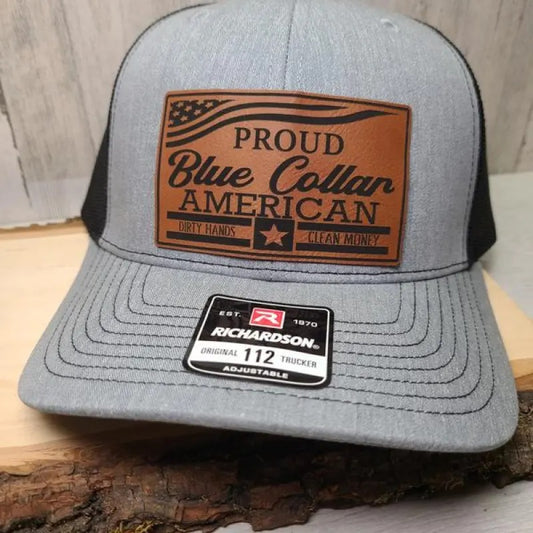 Proud Blue Collar American Hat Richardson 112 Leather Patch Men's Hat FlexFit FlatBill Trucker Style Hat mens hats dad hats