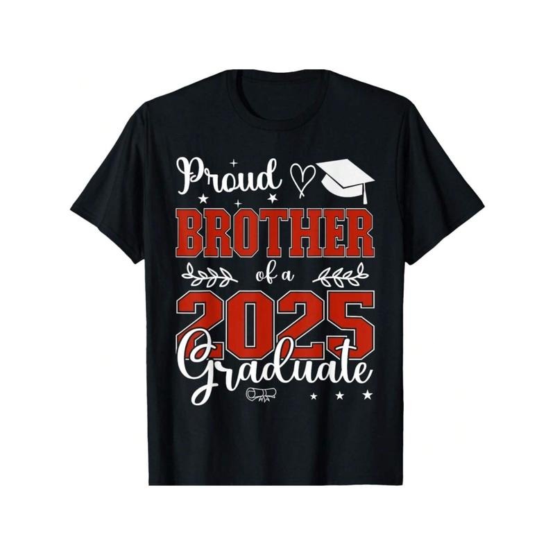 Proud Brother of a Class of 2025 Graduate T-Shirt - 100% Cotton, Black with Red & White Graduation Design, Casual Fit for Men, Perfect for Graduation Celebrations & Outdoor Activities, Graduation Apparel | Vibrant Graphic Tee Made in USA