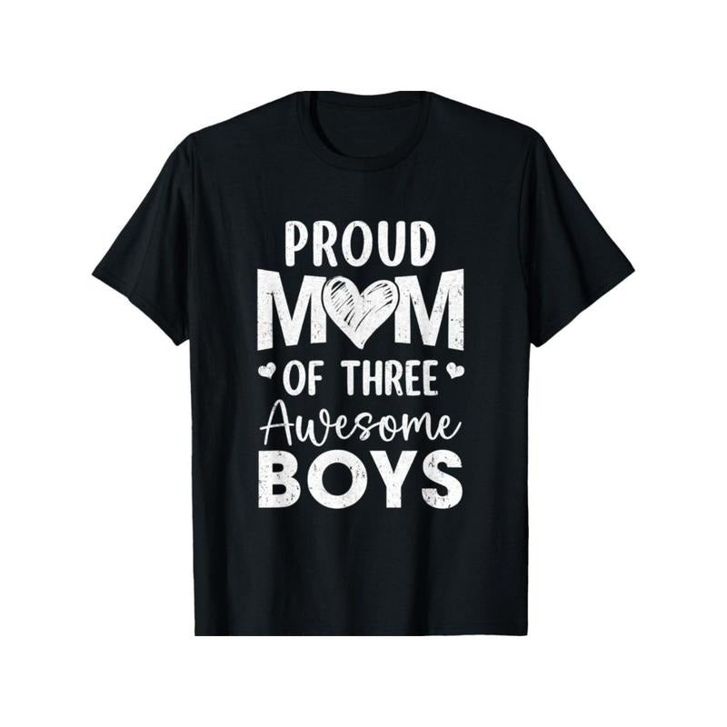 Proud Mom of Three Awesome Boys" - Men's Black Cotton T-Shirt, Casual Crew Neck, Short Sleeve, All-Season Comfort - Ideal Gift for Family and Friends, Casual Men's Wear|Heartfelt Message Apparel|Machine Washable made in usa