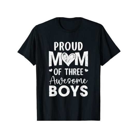 Proud Mom of Three Awesome Boys" - Men's Black Cotton T-Shirt, Casual Crew Neck, Short Sleeve, All-Season Comfort - Ideal Gift for Family and Friends, Casual Men's Wear|Heartfelt Message Apparel|Machine Washable made in usa