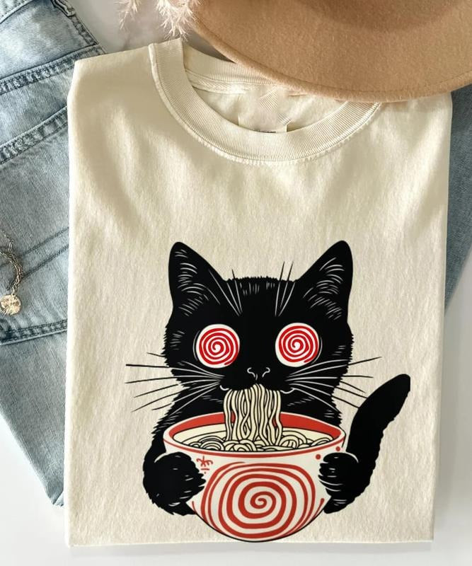 Psychedelic Ramen Cat T-Shirt, Kawaii Cat Lover Gift, Trippy Anime Shirt, Japanese Foodie Tee, Funny Kitty Ramen Lover Shirt