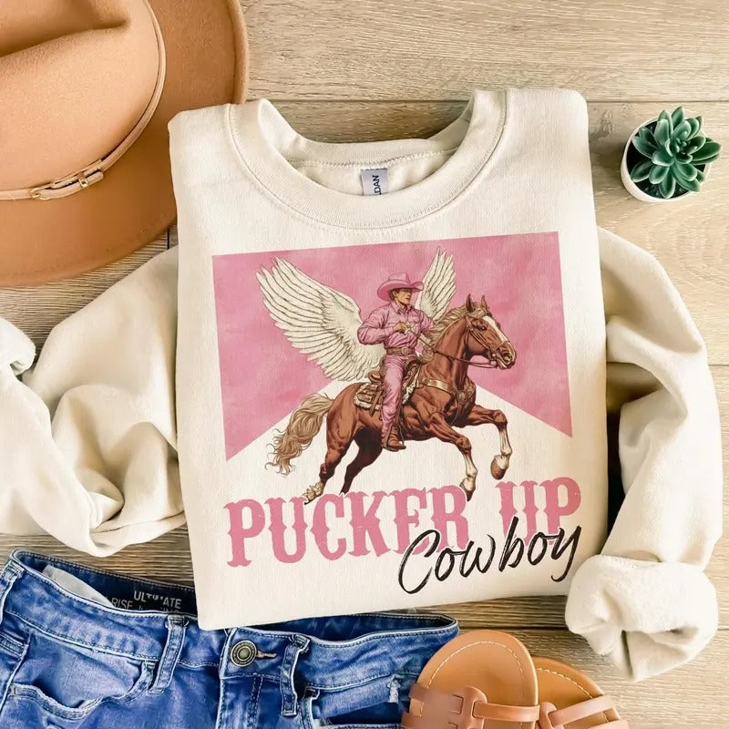Pucker up cowboy Sweatshirt, Hoodie, T-Shirt, Funny Western Valentines Shirt, Retro Valentine's Shirt, Western Shirt, Vintage Valentines Day Shirt