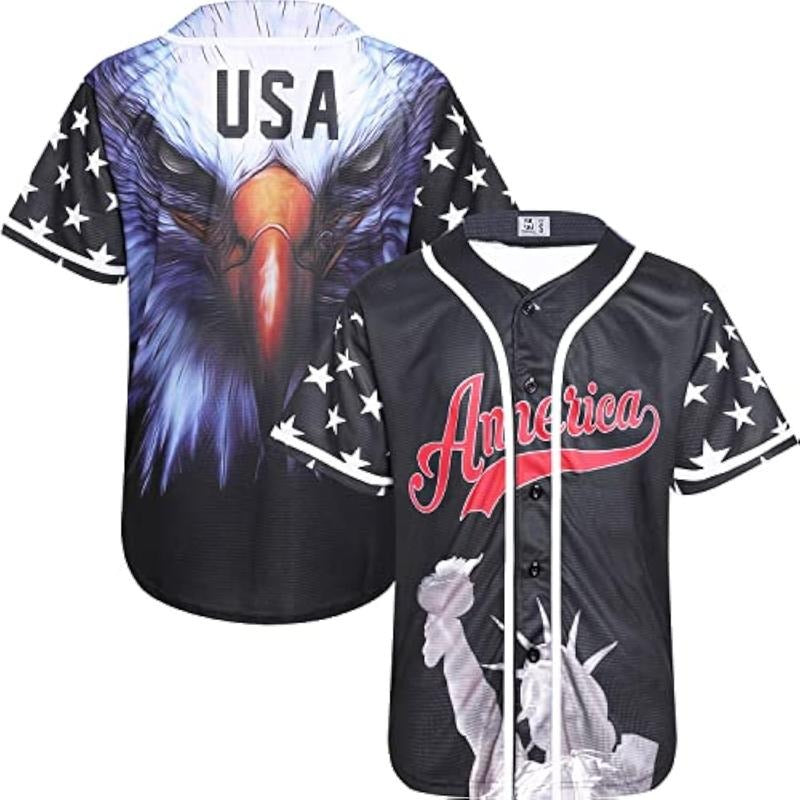 Pullonsy Adult American Flag Patriotic Baseball Jerseys Style Shirts for Men USA Eagle Outfits