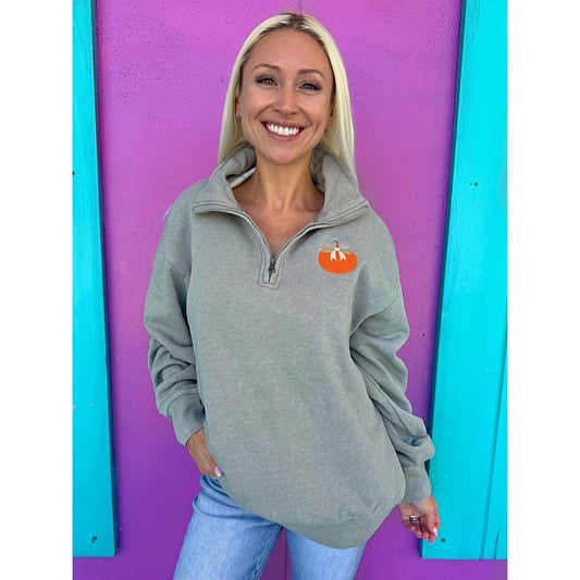 Pumpkin Bow Embroidered Quarter Zip Pullover