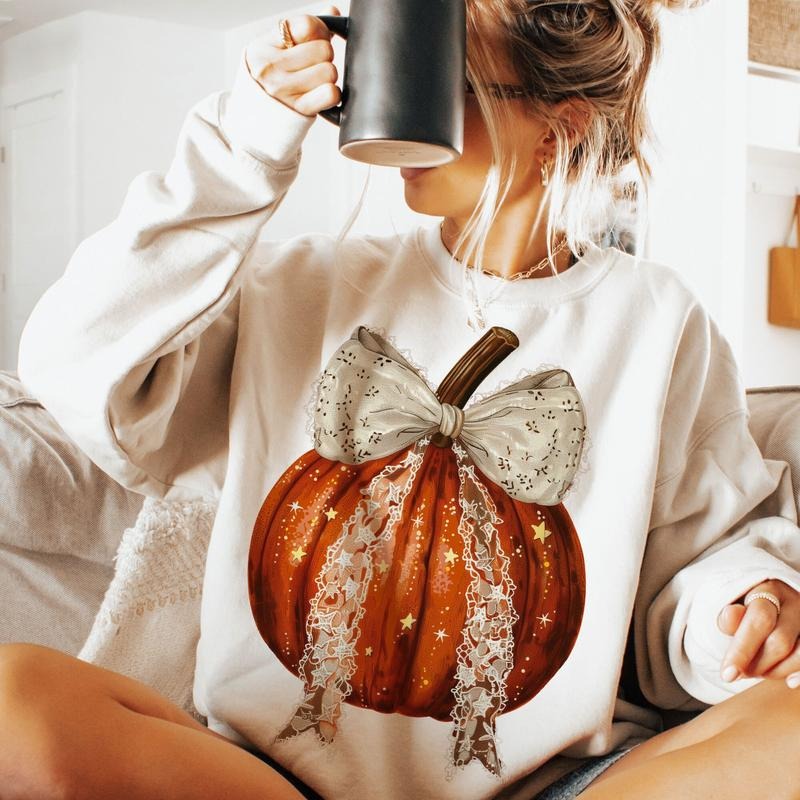 Pumpkin Coquette bow Sweatshirt, Retro Halloween Gothic Shirt, Retro Fall, Spooky Season, Trendy Fall pumpkin crewneck