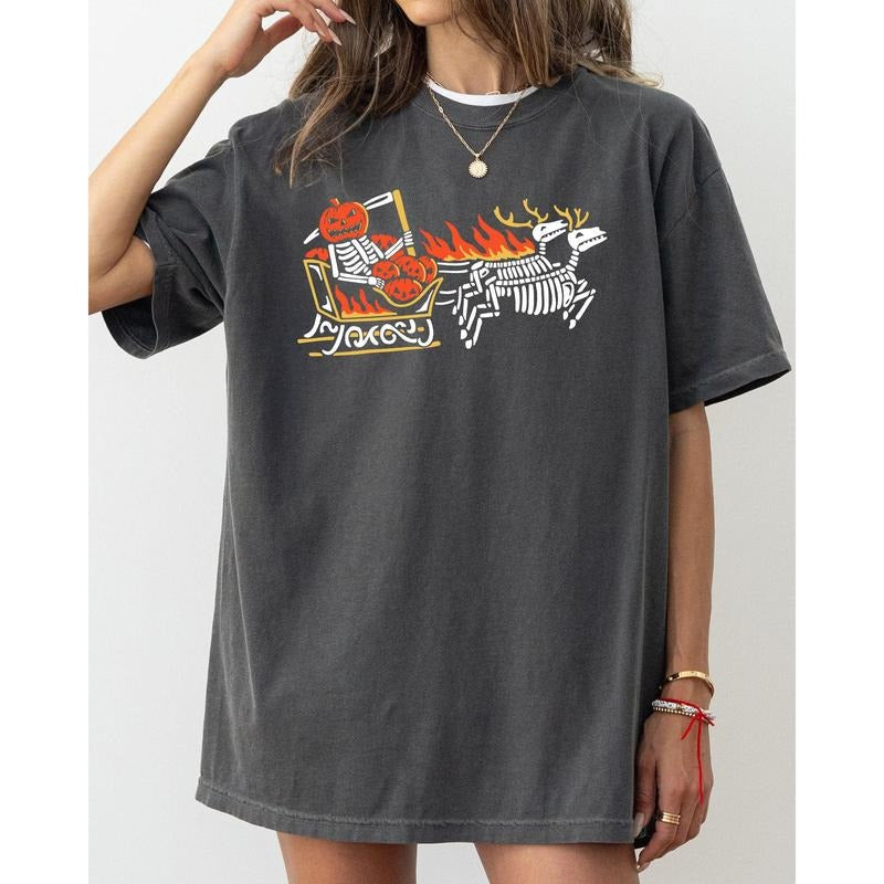 Pumpkin Head, Sleigh, Santa, Skeleton, Ghost, Spooky, Scary, Skull, Western, Witch, Aesthetic, Meme, Halloween, Costume, Tshirt, Women's Comfort Color Tee, Tshirt