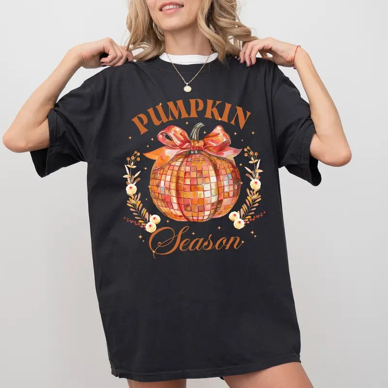 Pumpkin Season Tee, Coquette Disco Pumpkin Unhinged Shirt, In My Pumpkin Spice Era T-shirt, Retro Fall Vibes Tee, Autumn Vibes Tee, Fall Outfits, Comfy Fabric Graphic Tee, Women's Tops, Womenswear, Cotton Fabric Relaxed Fit Chic Style