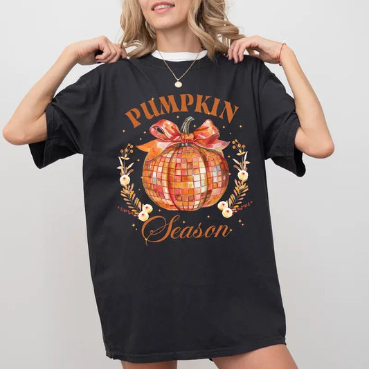 Pumpkin Season Tee, Coquette Disco Pumpkin Unhinged Shirt, In My Pumpkin Spice Era T-shirt, Retro Fall Vibes Tee, Autumn Vibes Tee, Fall Outfits, Comfy Fabric Graphic Tee, Women's Tops, Womenswear, Cotton Fabric Relaxed Fit Chic Style