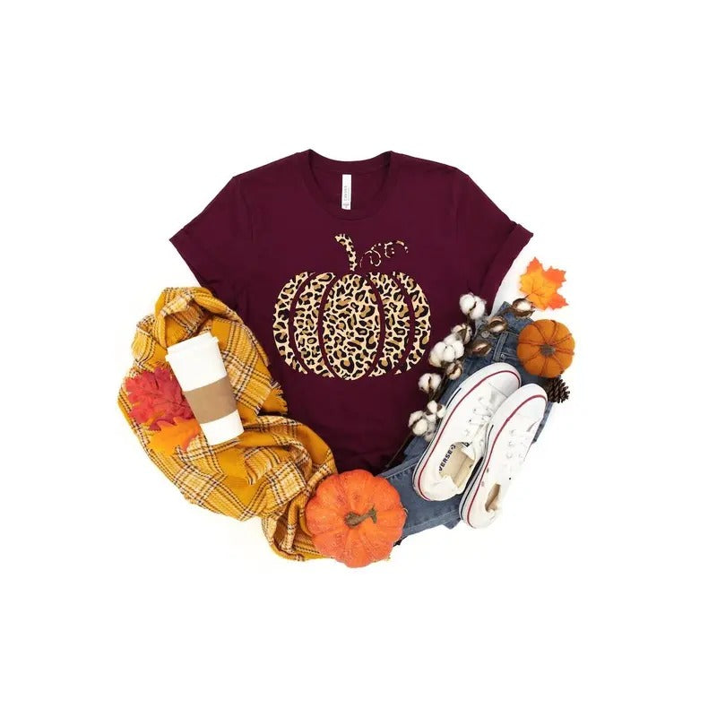 Pumpkin Shirt, Cheetah Pumpkin Shirt, Cute Pumpkin Shirt, Happy Thanksgiving Shirt, Thanksgiving Shirt, Fall Shirt, Thanksgiving Gift Cotton Menswear Top Polyester