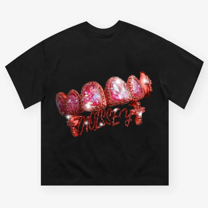 Purple Crystal Cross Grills Print T-shirt, Vintage Graphic Tee, Y2k Clothing, Unisex Cotton Crewneck T-Shirt - Medium, Short Sleeve, Casual Streetwear Printed Tee