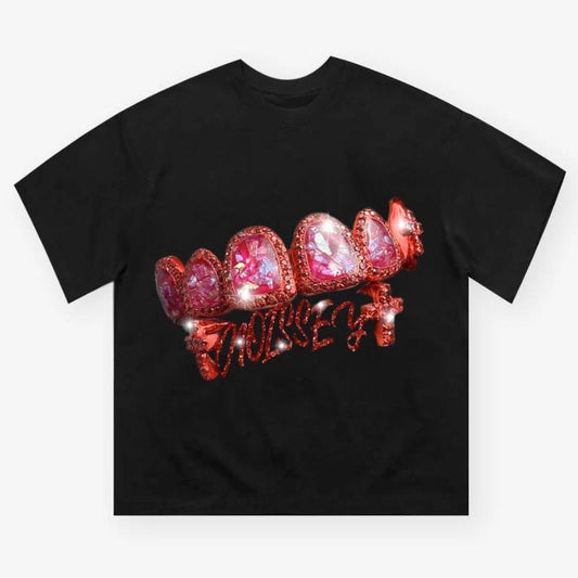 Purple Crystal Cross Grills Print T-shirt, Vintage Graphic Tee, Y2k Clothing, Unisex Cotton Crewneck T-Shirt - Medium, Short Sleeve, Casual Streetwear Printed Tee