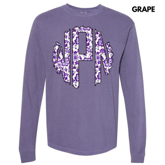 Purple Floral Monogram Long Sleeve Comfort Colors T-Shirt 'NLB'