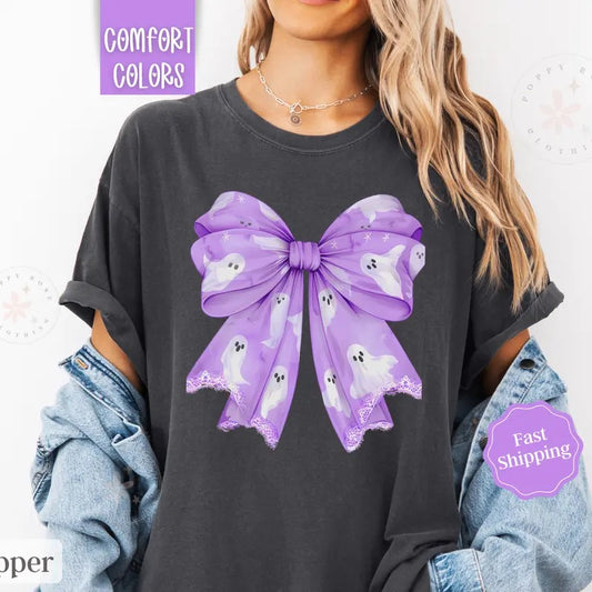 Purple Ghost Bow Shirt Comfort Colors, Coquette Halloween Tshirt,  October Vibes Shirt for Women Oversized Crewneck Tee