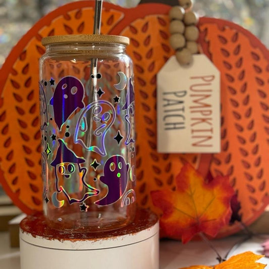 Purple Ghost Holographic Halloween Glass - 16oz - Drinkware with Lid and Straw