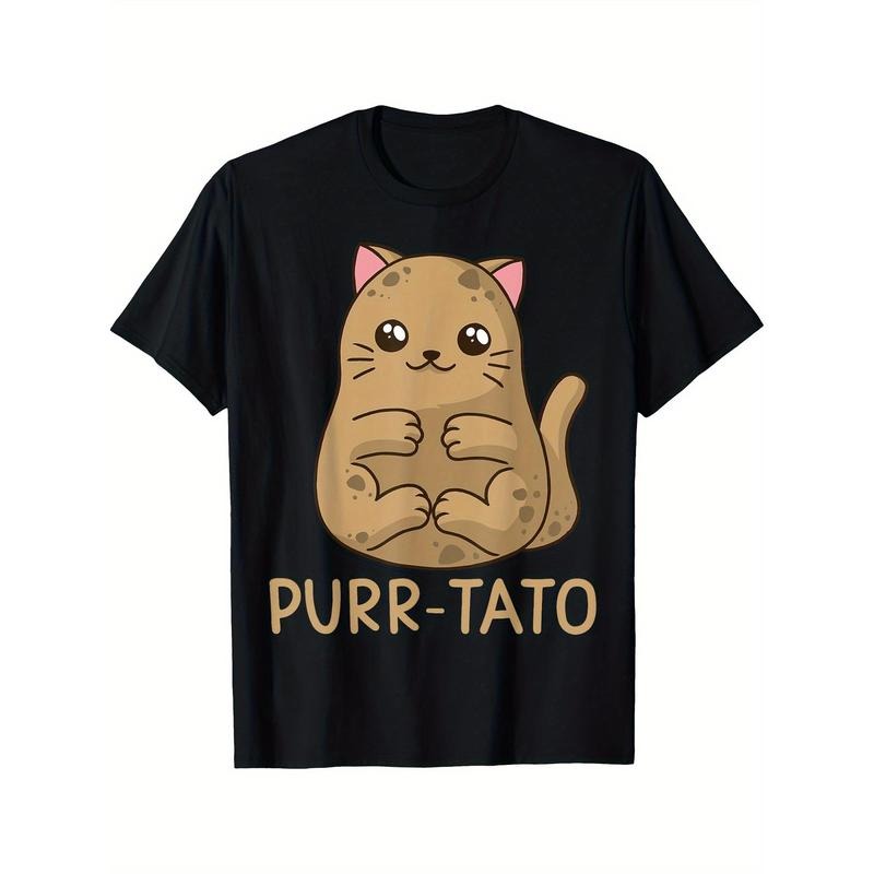 Purrtato Cat Potato Cat Lover Idaho Potatoes Printed T-shirt Comfortable Breathable, Casual Short Sleeve, Daily Wear, All Season, Black Men 220g  made in usa