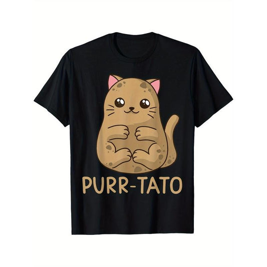 Purrtato Cat Potato Cat Lover Idaho Potatoes Printed T-shirt Comfortable Breathable, Casual Short Sleeve, Daily Wear, All Season, Black Men 220g  made in usa