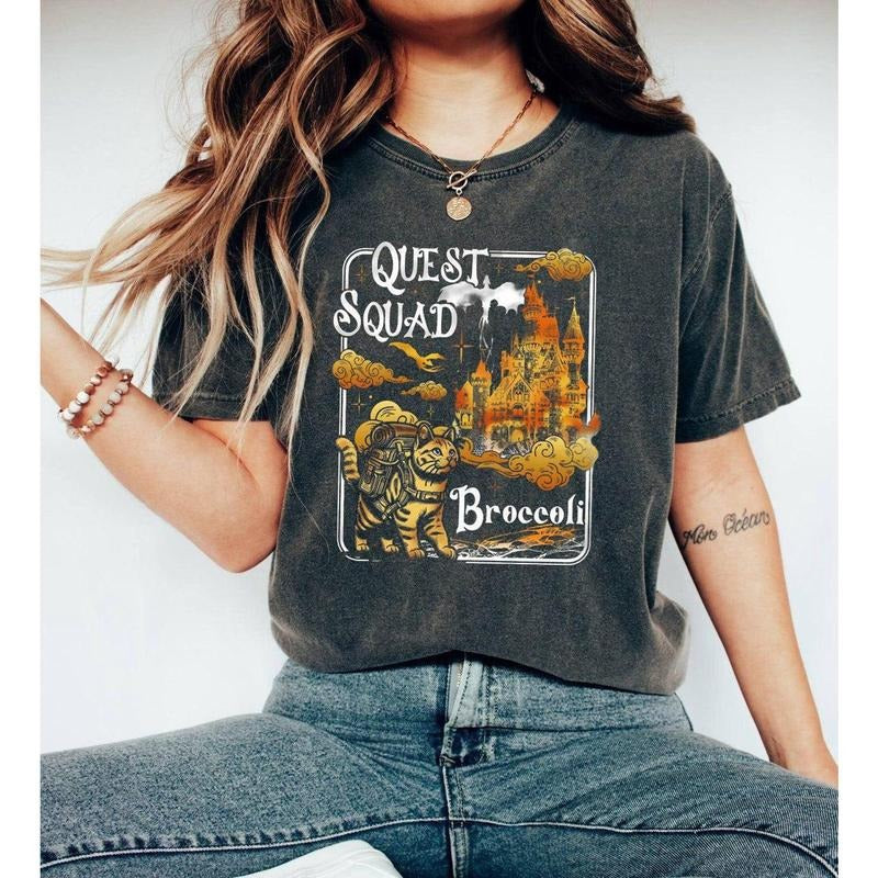 Quest Squad Broccoli Cat Shirt, Fantasy Castle Cat Tee, Comfort Colors Shirt, Onyx Storm , Magic Adventure , Bookish Gift