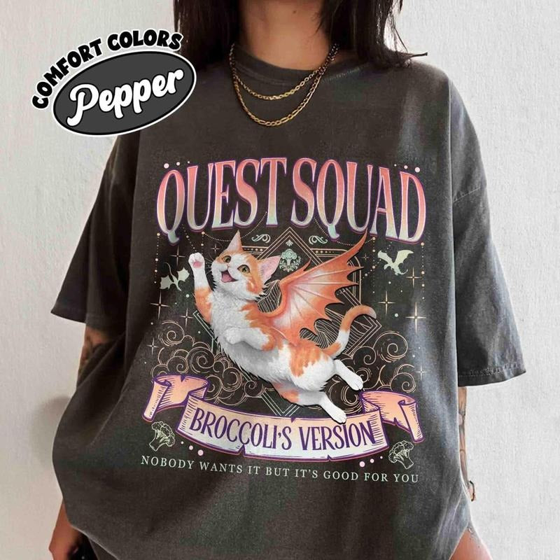 Quest Squad Broccoli Shirt, Broccoli The Cat, Onyx Storm Fan Shirt, Fourth Wing Reader Shirt, Bookish Gift, Dragon Rider, Retro