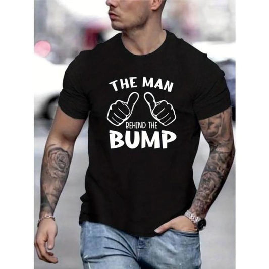 Quirky "The Man Behind The Bump" Graphic Print Short Sleeve Tee - Soft, Breathable, Casual, Funny, Relaxed Fit T-Shirt for Men - Perfect Summer, Spring, Fall Gift Idea for Expectant Dads, New Fathers, and Husbands Made in USA