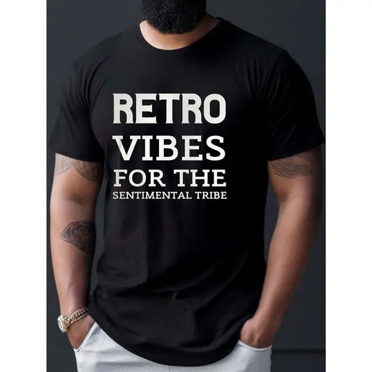 RETRO VIBES Print Crew Neck T-shirt For Men, Casual Short Sleeve Top, Men's Clothing Made in USA