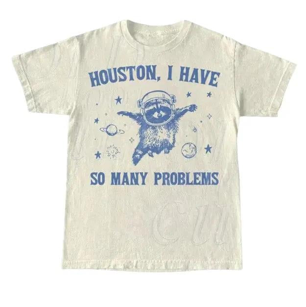 Raccoon In Space Retro 90s Graphic T-Shirt, Funny Galaxy Graphic T-shirt, Problems Gag Moon 90s Shirt, Vintage Animal Gag Unisex Tee Menswear Top Shortsleeve