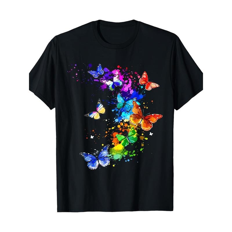 Rainbow Butterfly Graphic Tee - 100% Cotton, Short Sleeve, Crew Neck - Casual & Comfortable for All Seasons Made in USA