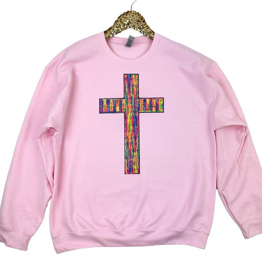 Rainbow Chenille Cross Patch Sweatshirt -- LIGHT PINK