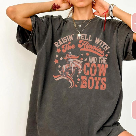 Raisin' Hell With The Hippies, Graphic Tee, Cowboy, Western, Retro Tee Shirt, Country Music, For Women, Vintage, Oversized