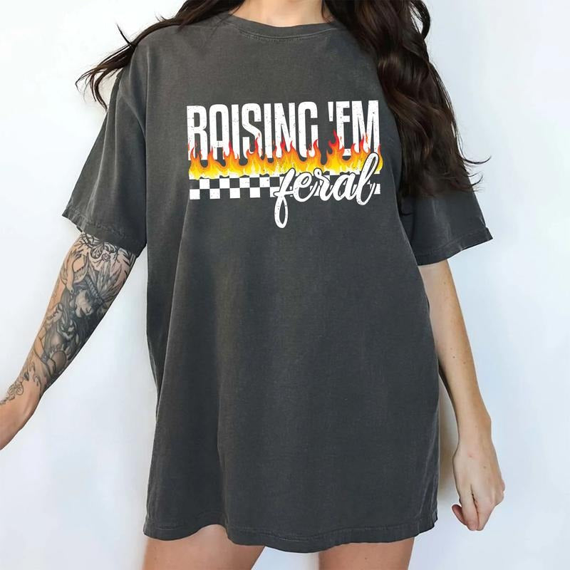 Raising 'Em Feral Comfort Colors Shirt, Funny Mama T-shirt, Checkered Mom Graphic Tee, Feral Mama Clothing, Fire Outfits, Gift For Mom, Womenswear