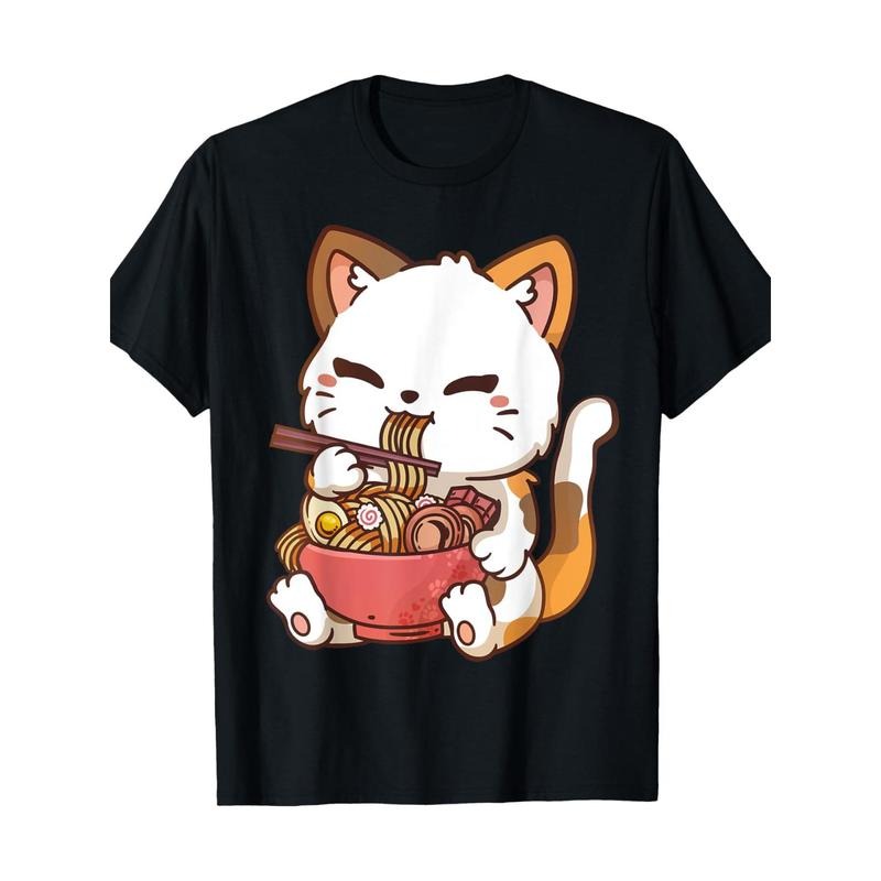 Ramen Cat Anime Kawaii Cat Eating Ramen T-Shirt 100% Cotton Made in USA