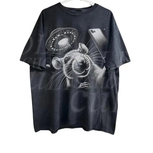 Rat Selfie With Ufo Vintage Graphic 90s Style T-Shirt, Unisex Retro Funny Rat Graphic Tee, Ufo Meme Possum Shirt, Alien Gag Adult Shirts, Y2k Shirts