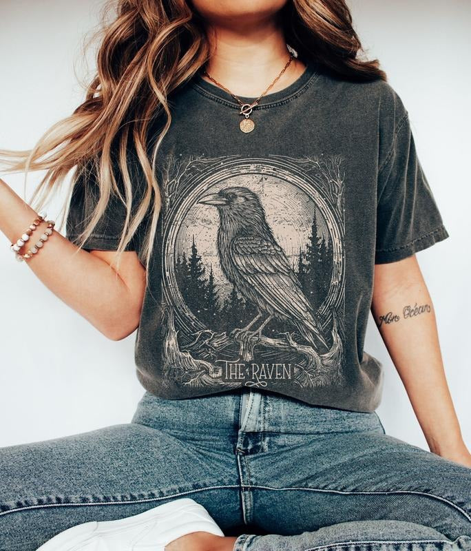 Raven Shirt, Dark Academia Aesthetic Bookish Poet Shirt, Goth Tarot Card T-shirt, Edgar Allan Poe Vintage Inspired Tshirt