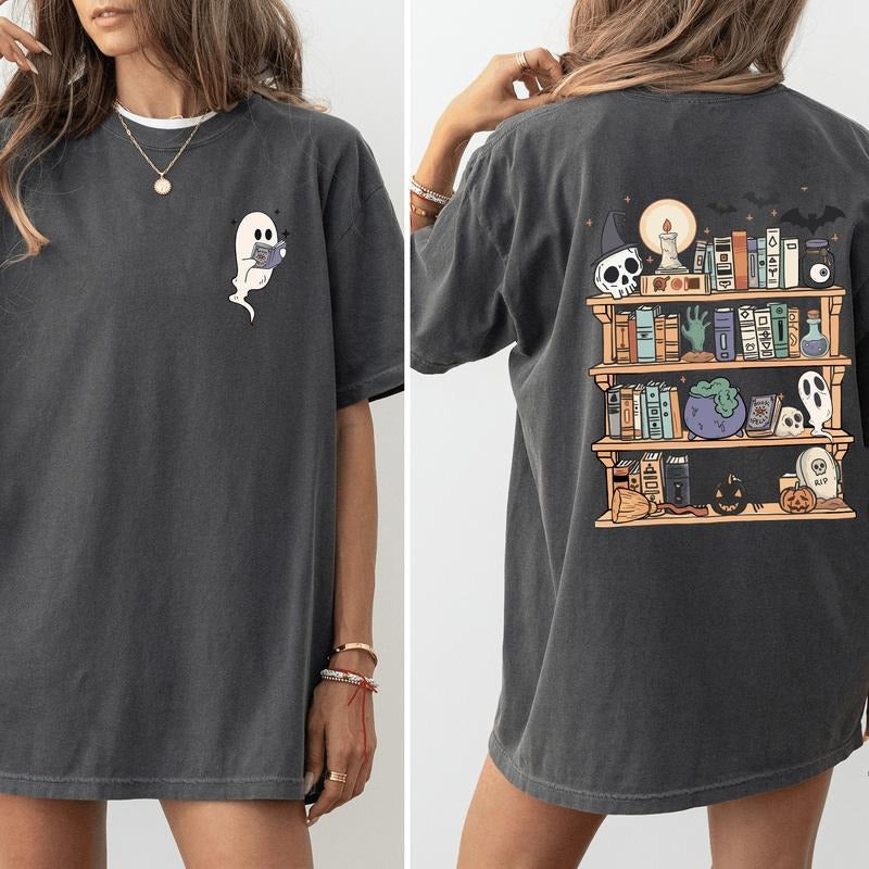 Reading Ghost, Halloween, Library, Spooky, Front and Back, Teacher, Boo, Cute, Comfort Colors T-Shirt, Women's Comfort Colors Tee