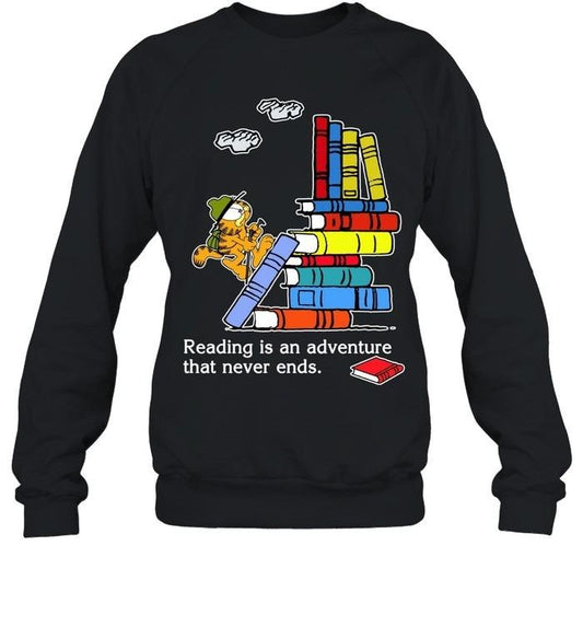 Reading Is an Adventure That Never Ends Garfiiield T-Shirt, Funny Movie Cartoon Graphic Shirt, Gift For Reader, Bookish T-shirt