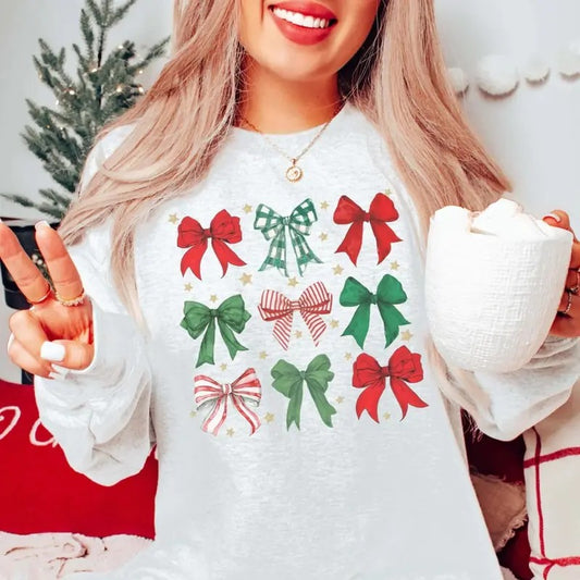 Red & Green Christmas Bow Collage Graphic Tee - Christmas Coquette Shirt - Cozy Season - Cute Christmas Gifts - Festive Bows