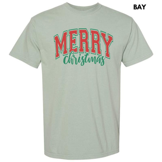 Red Cursive Varsity Merry Christmas Comfort Colors T-Shirt 'NLB'