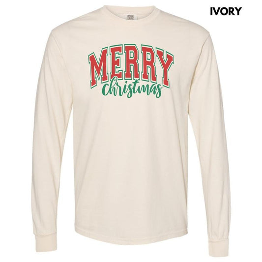 Red Cursive Varsity Merry Christmas Long Sleeve Comfort Colors T-Shirt 'NLB'