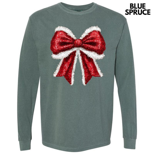Red FAKE Glitter & Fur Bow Long Sleeve Comfort Colors T-Shirt 'NLB'