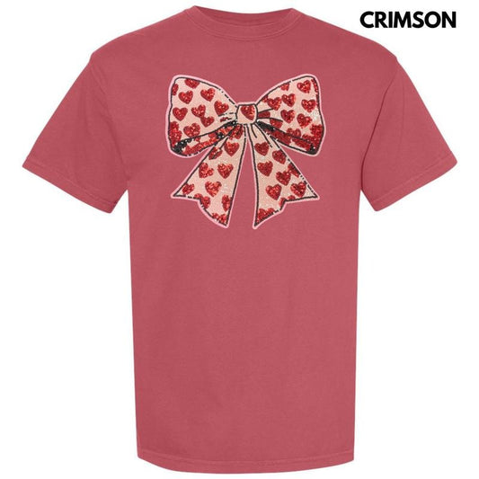 Red Heart & Pink Bow Sequin Patch Comfort Colors T-Shirt