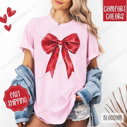 Red Heart Bow Shirt Comfort Colors, Valentine's Day Women's Tee, Cute Women's Tshirt