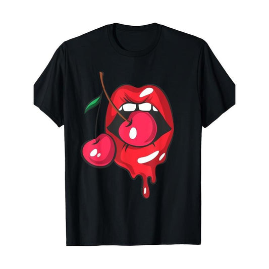 Red Lips and Cherry Sexy Chic Retro Gift T-shirt -100% Cotton Made in USA